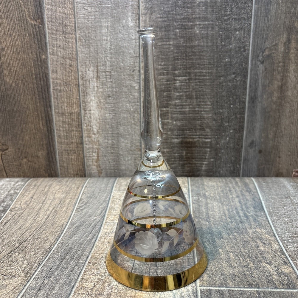 Vintage Clear Glass Bell Gold Trim‎ Frosted Floral Design Crystal Clapper